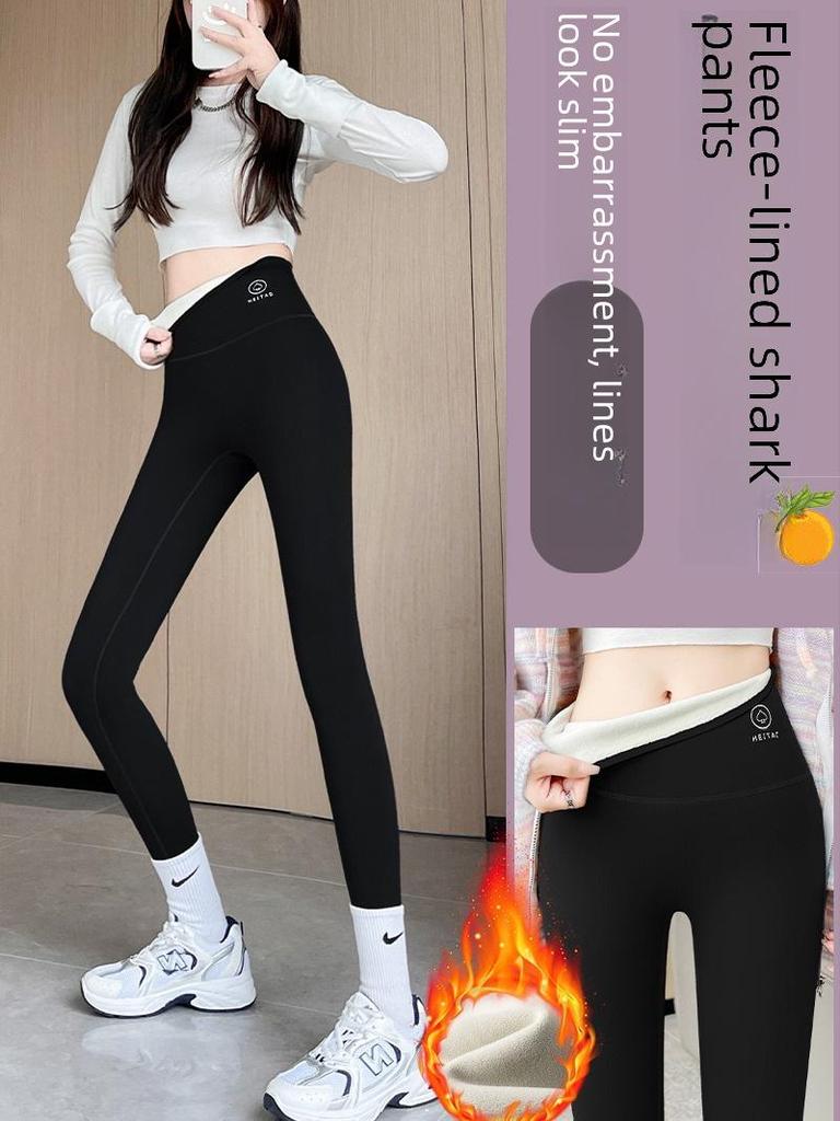 Plush Slimming Black Matte Shark Leggings for Women - Thick, No Lines Yoga Wear for Autumn/Winter
