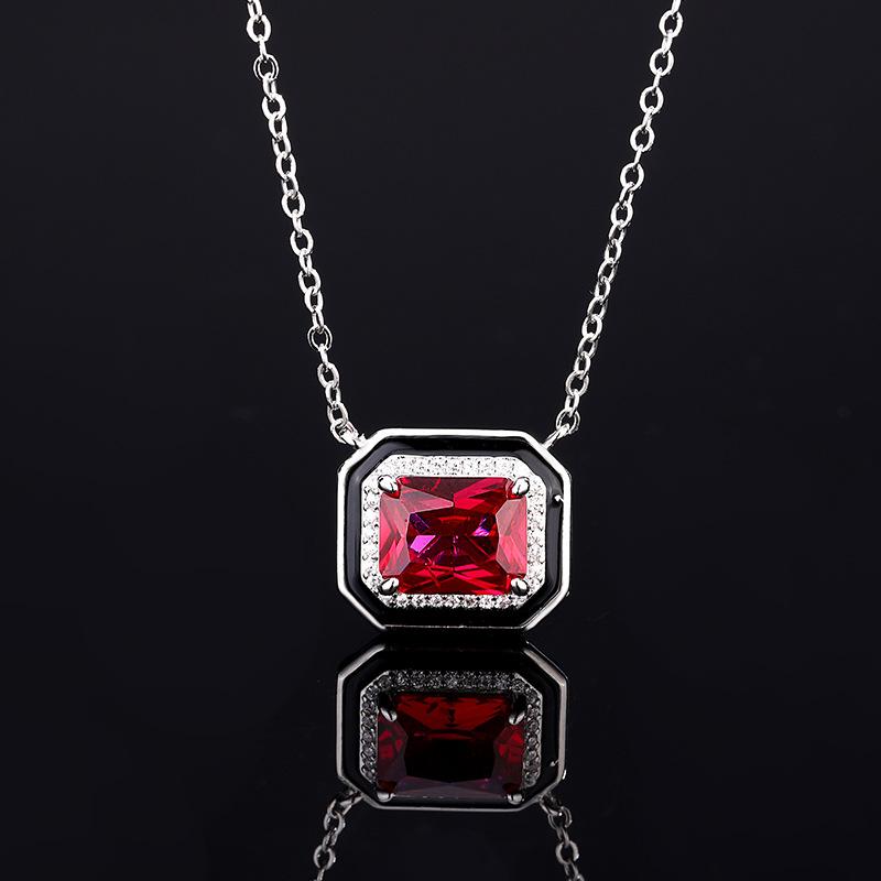 Huameimei Jewelry Set Retro Fashion Color Treasure Simulation Red Corundum Square Earnail Ring Necklace Women