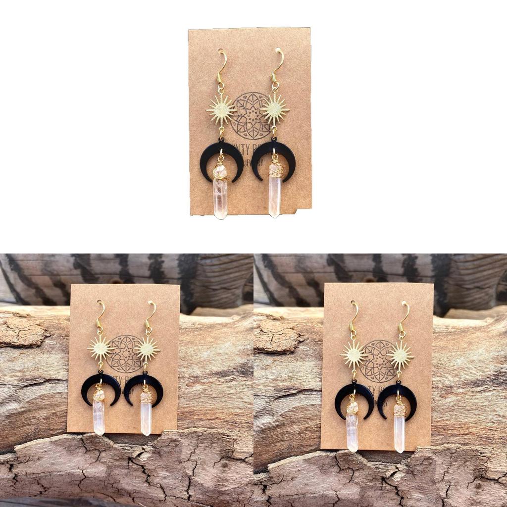 Bohemian Moon Black Quartz Crystal Earrings With Electroplated Alloy For Women And Men