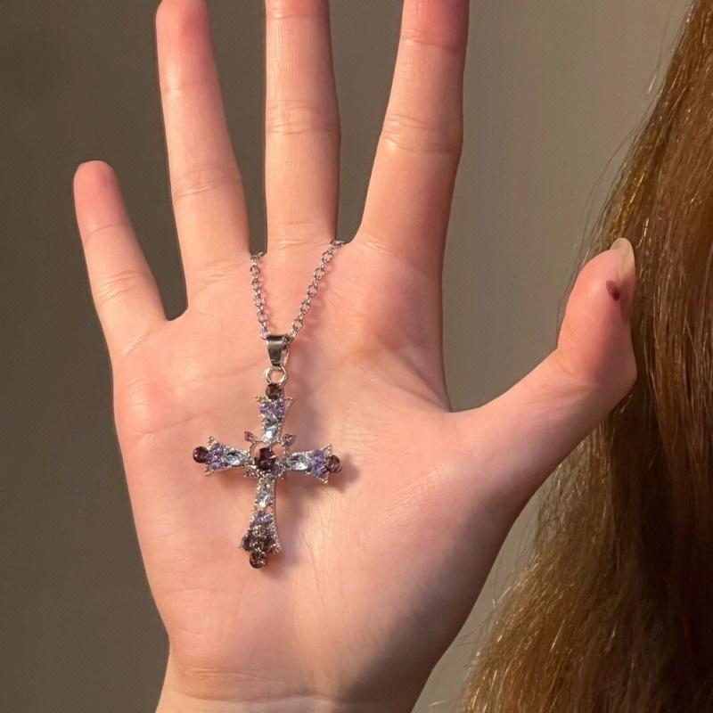 Gothic Y2K Crystal Zircon Cross Pendant Necklace for Women European and American Fashion Neck Chain Party Jewelry Birthday Gift