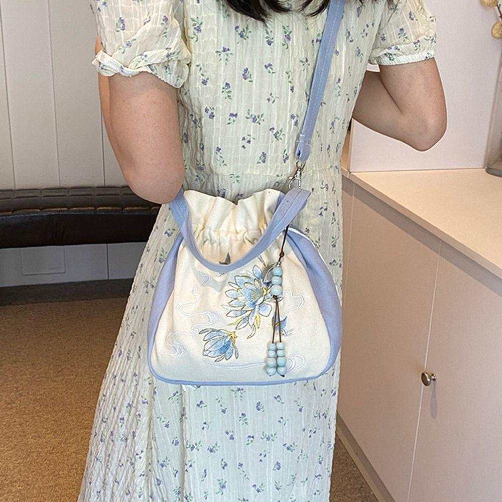 Flower Embroidery Drawstring Bucket Bag Ethnic Style Hanfu Crossbody Bag Shopping