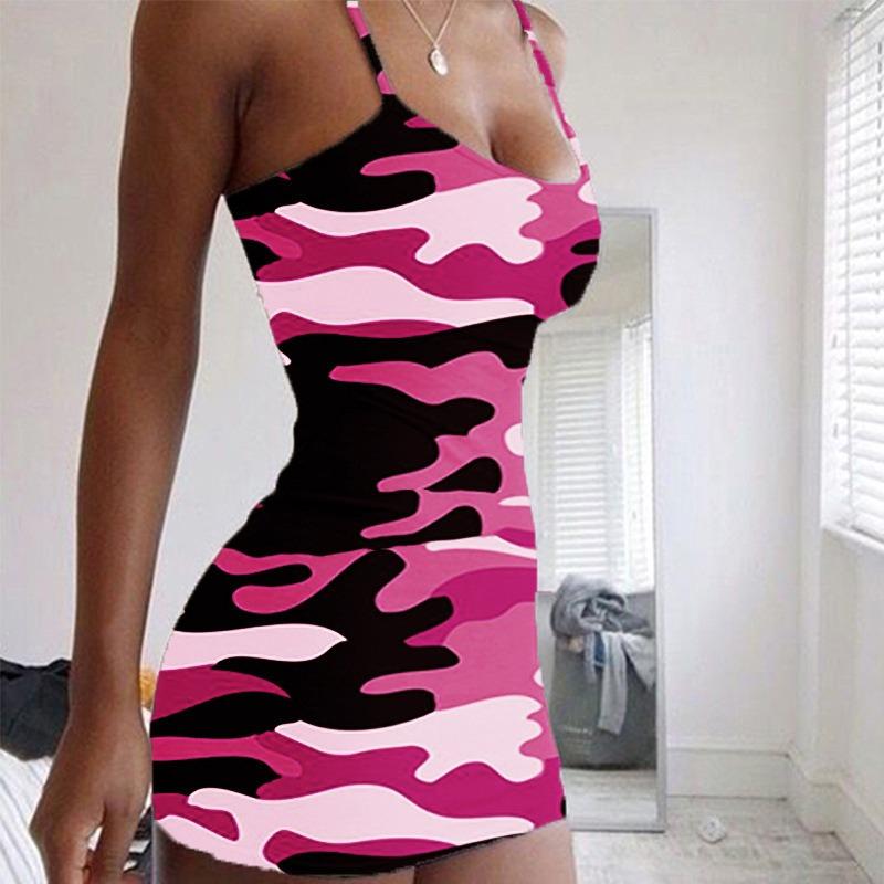 Summer Women's Camouflage Sexy Halter Skirt Fashion Tight Short Mini Dress Sleeveless Print Party Club Mini Dress M-5XL