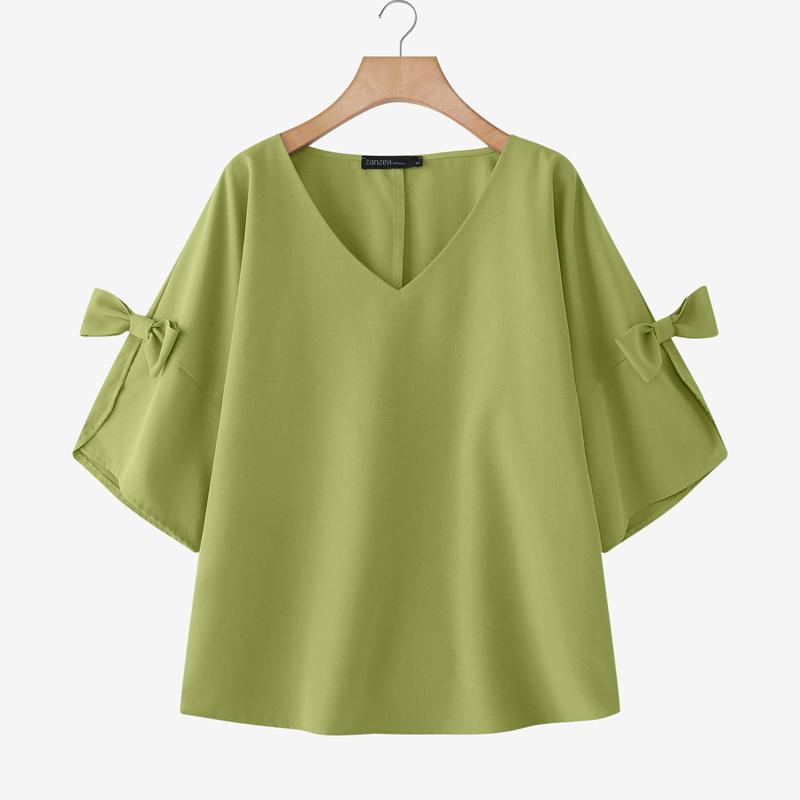 

ZANZEA Женская повседневная однотонная свободная блузка с V-образным вырезом и рукавом 3/4 5XL зелёный