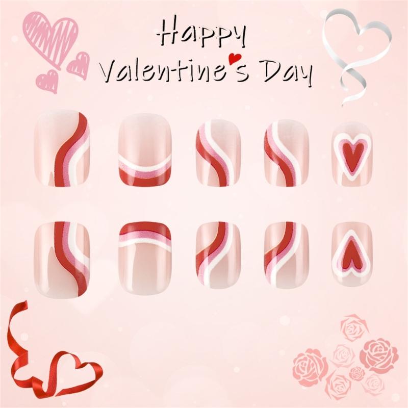 24 Pcs Valentines Day Press On Nail Short False Nail Lovely Heart Stick on Nail French Tip Acrylic Nail for Party