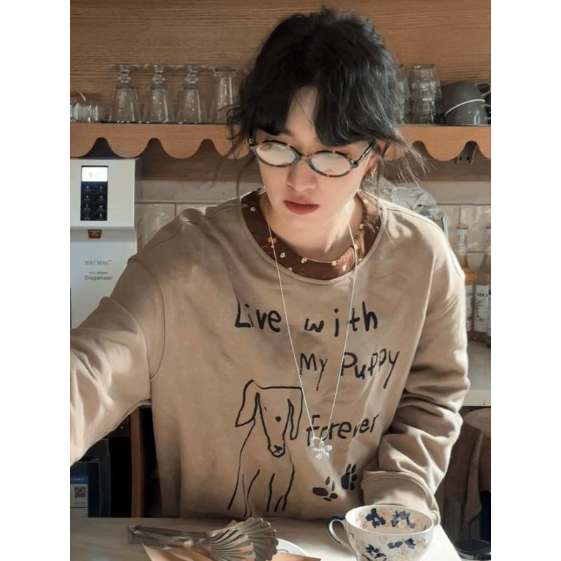 

Ретро щенок нашивка цветочный воротник женская спортивная одежда осень новый свободный топ L хаки