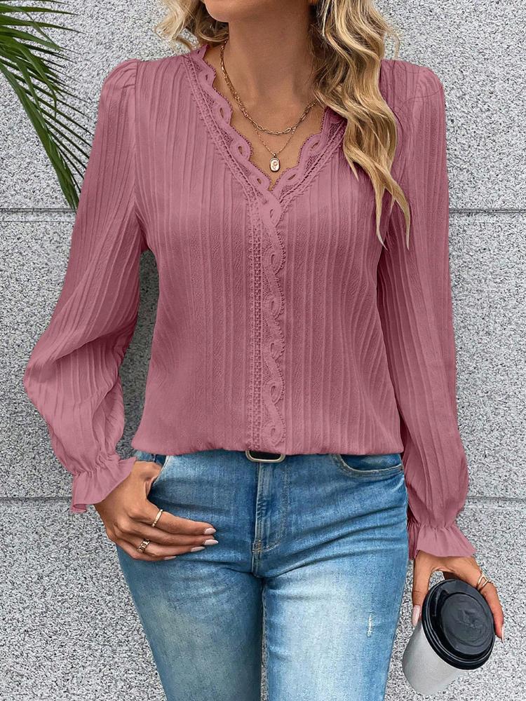 Chunqiu Women's Solid Color Long Sleeved Casual Striped V-neck Lace Top with Patchwork Hollowed Out Women's Shirt