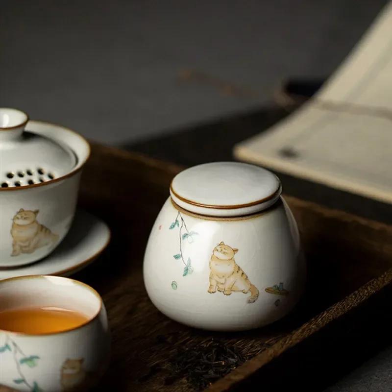 Retro Ru Kiln Ceramics Tea Caddy Cute Cat Pattern Portable Sealed Tea Leaf Containers Travel Tea Bag Storage Box Spice Organizer