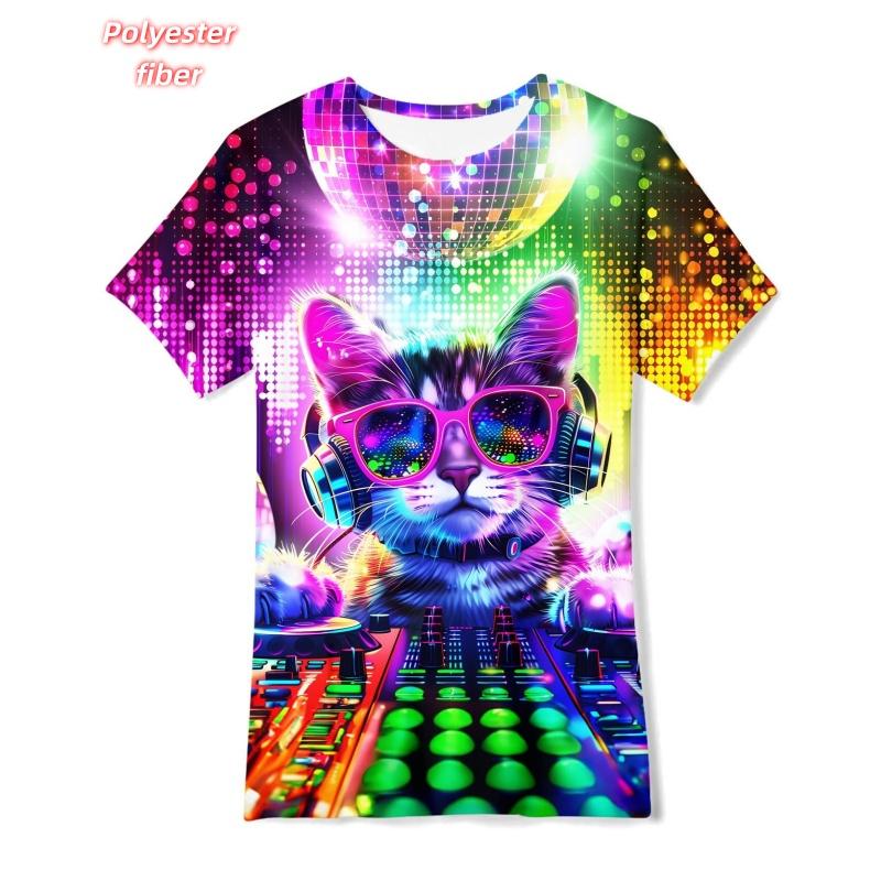 3D Printed Colorful Geometry T-Shirt For Men Music Cat Pattern Tees Summer Street Casual Short Sleeve Tops Loose O-Neck T Shirts