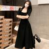 Black dress women's summer new French retro square collar waist and thin temperament Hepburn style long skirt