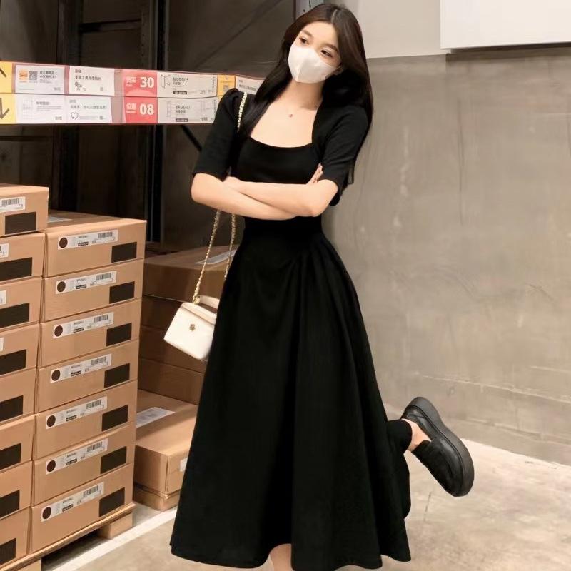 Black dress women's summer new French retro square collar waist and thin temperament Hepburn style long skirt