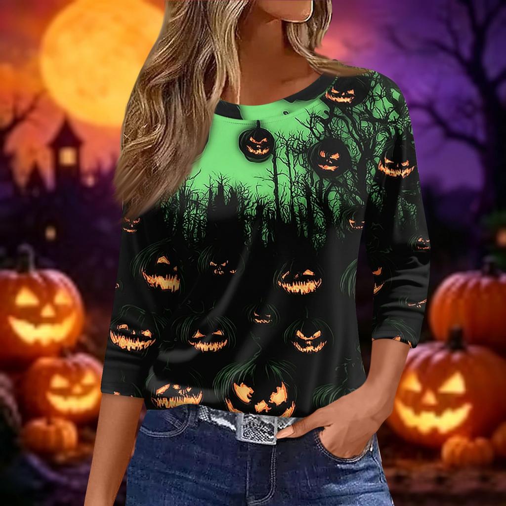 Women 3/4 Sleeve Loose Fit Casual Halloween Print T Shirt Round Neck Pullover Top for Autumn and Spring