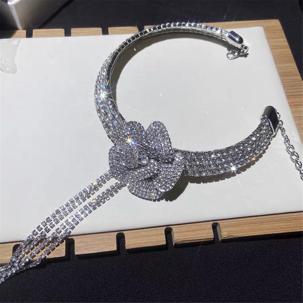 Tooxika Full Diamonds Multi-layer Flash Diamond Flowers Tassel Collar Light Luxury Bridal Wedding Dinner Necklace Women
