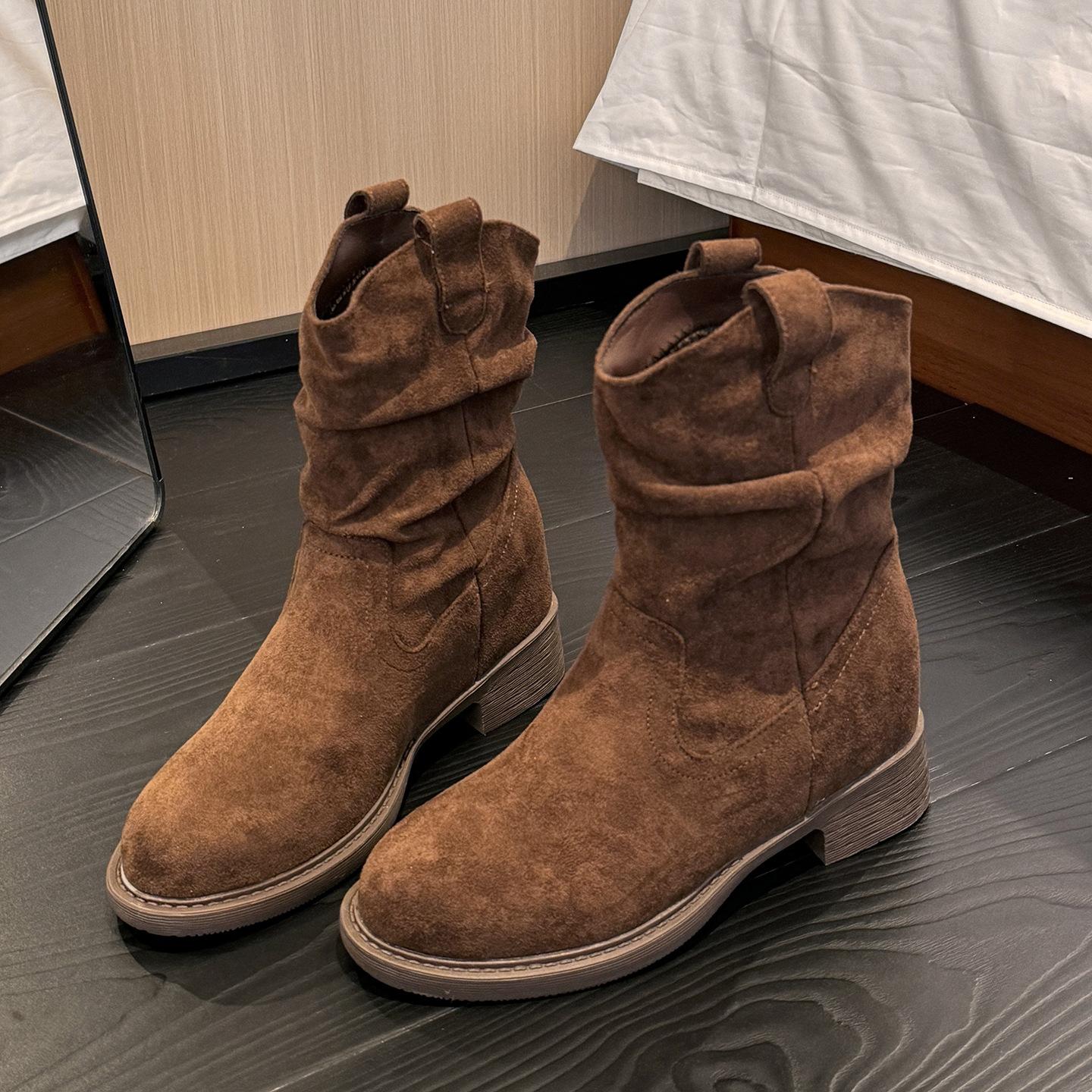 

Ретро круглый носок короткие ботинки женские 2025 осень новая мода универсальные повседневные средней длины голенища плиссированные вестерн на меху мартинсы 40 коричневый