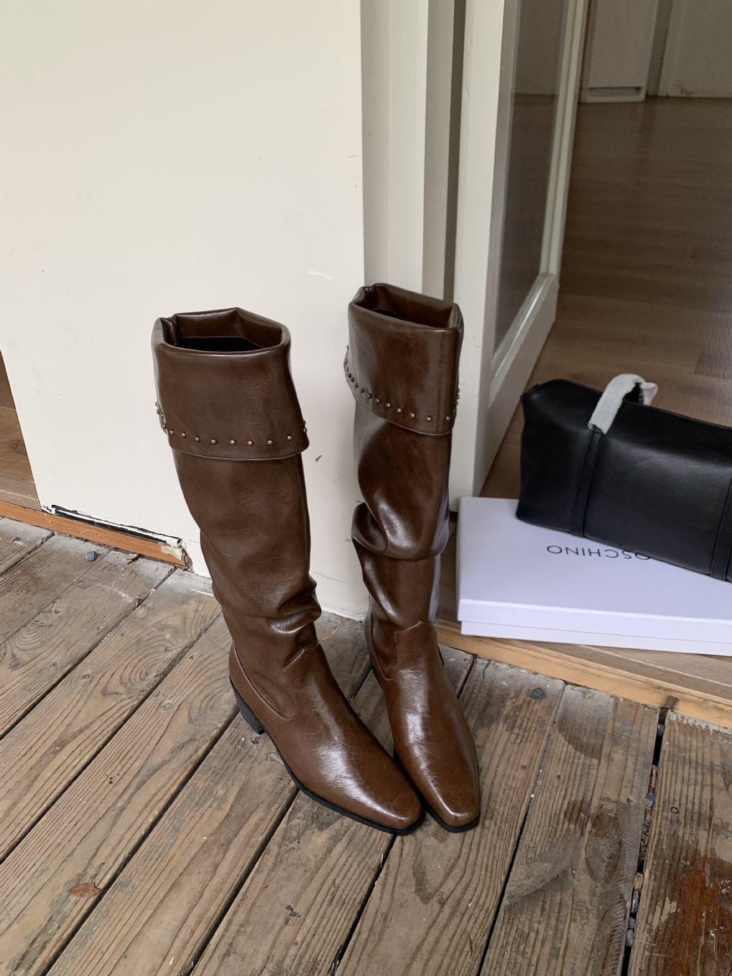 

Retro fashion niche design 2025 new autumn and winter thick heel boots women s tall boots knight boots thin boots 39 коричневый