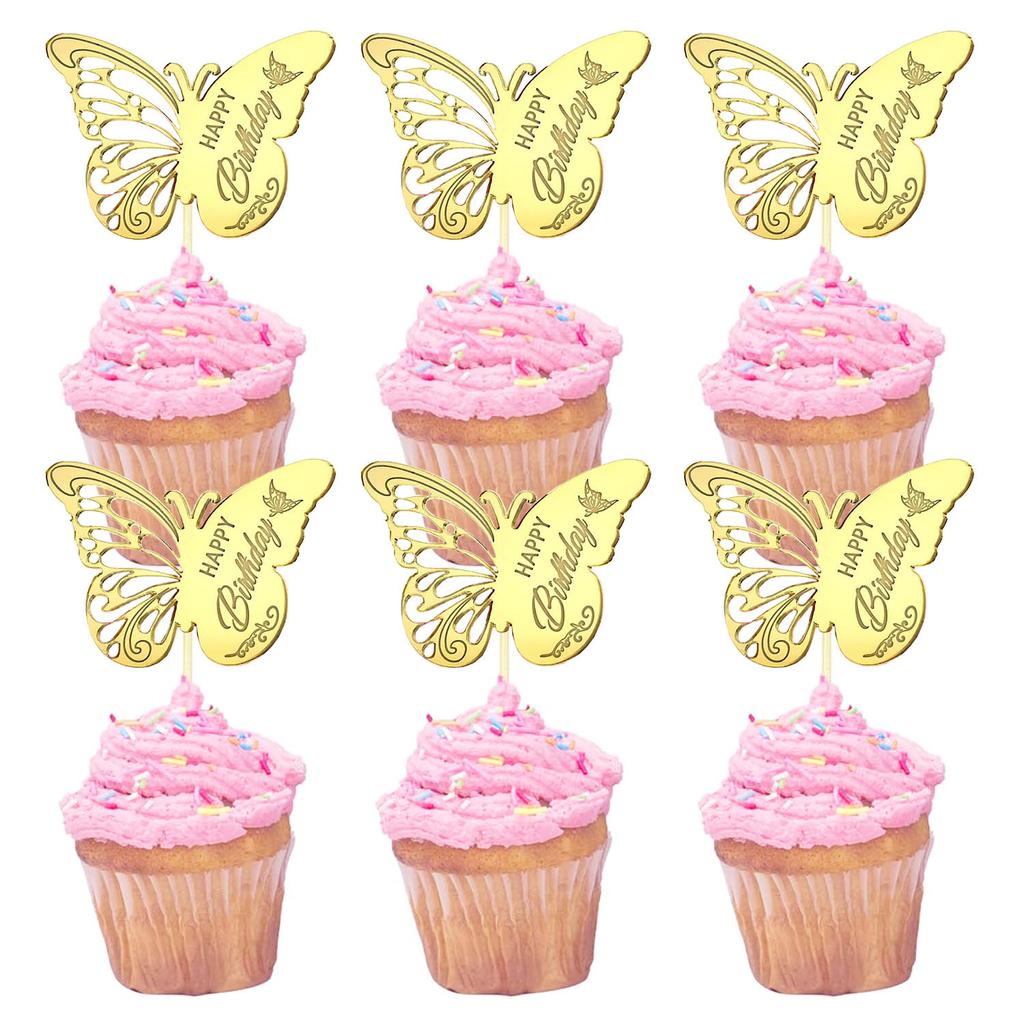 12 Pieces Acrylic Happy Birthday Butterfly Cupcake Toppers for Party, Engraved Mirror Acrylic Cake Disc for DIY Cupcake Decor