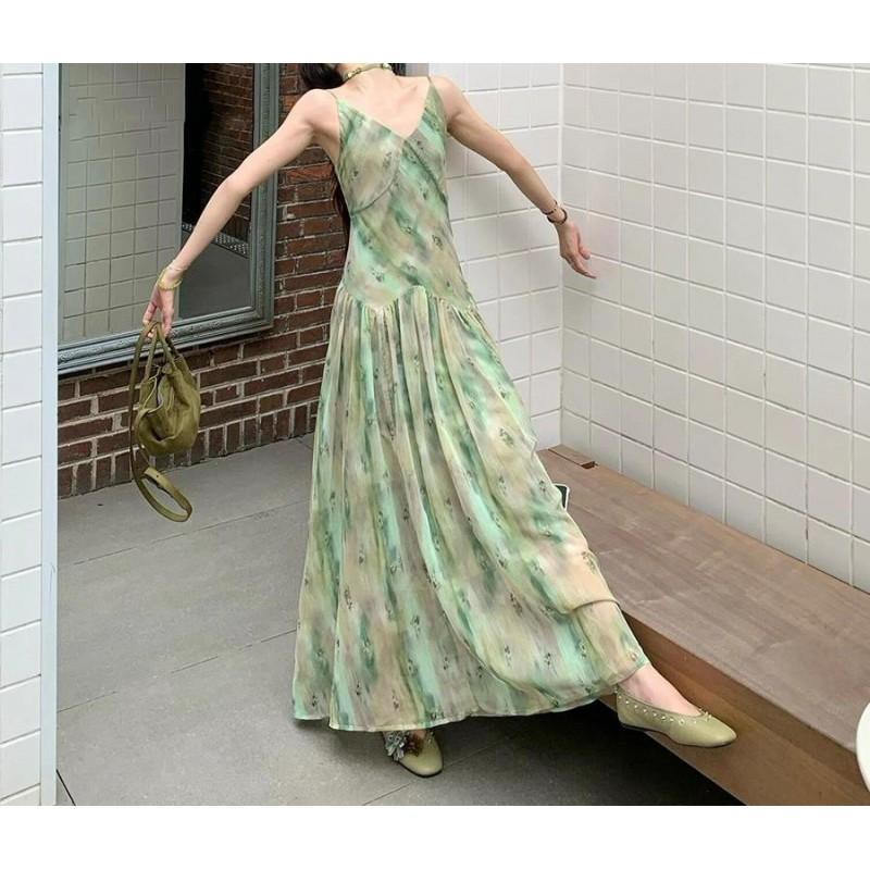 Floral Print V-Neck Sleeveless A-Line Midi Dress Women Vacation Style Waist-Cinching Elegant Long Small