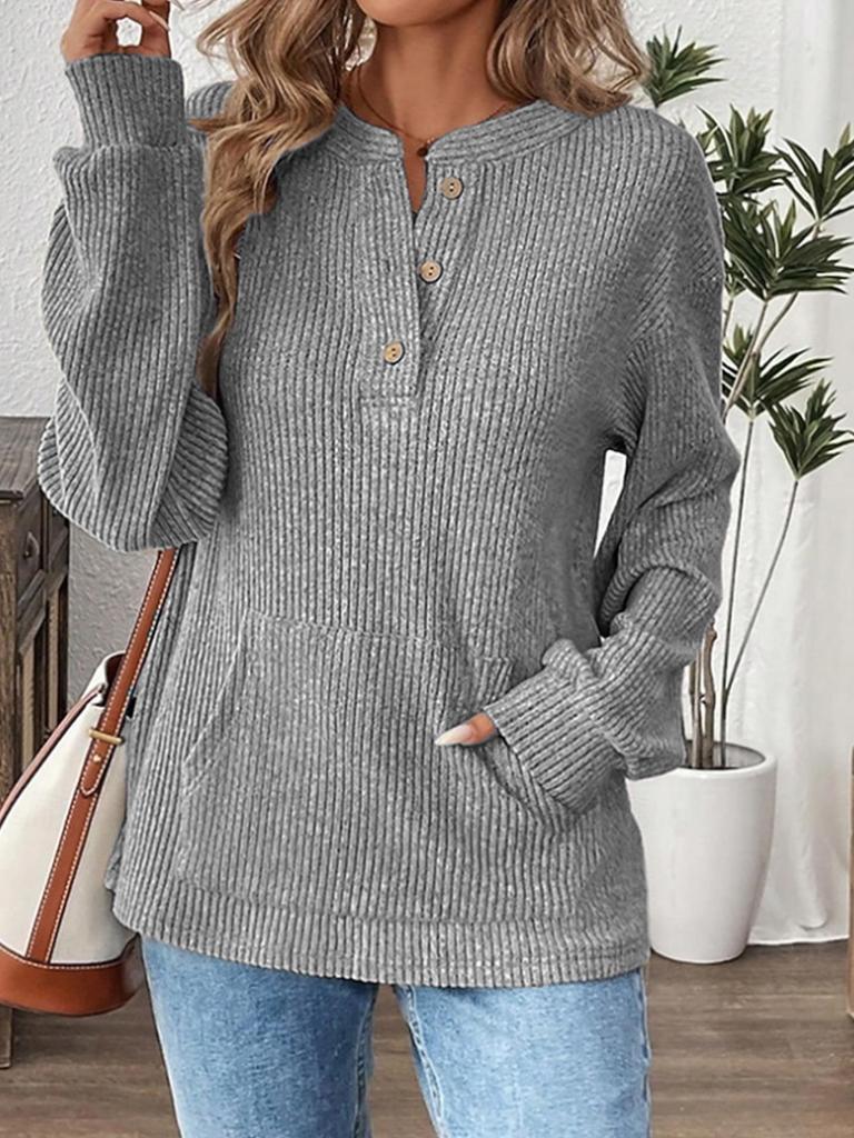 2025 Autumn/Winter Women's Solid Color Fashion Button Loose Long Sleeve T-shirt Top – European and American Style