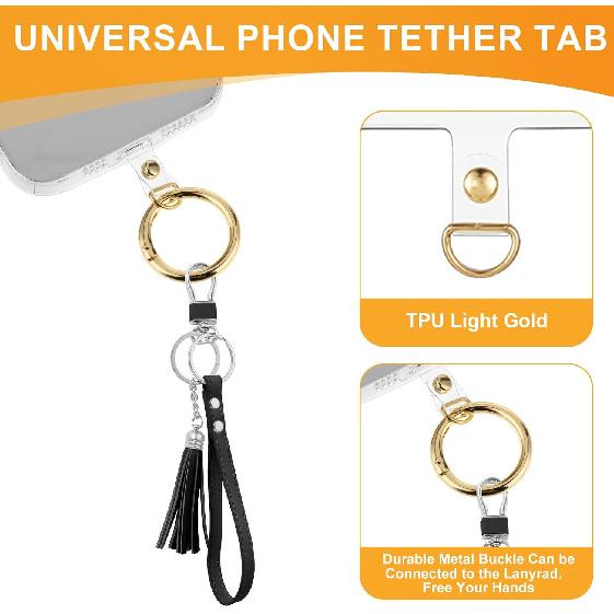 cobee 12Pcs Phone Tether Tab with 12Pcs Metal Spring Rings, Universal Phone Lanyard Tab Cell Phone Tether Patch Phone Lanyard Patch Pad Without