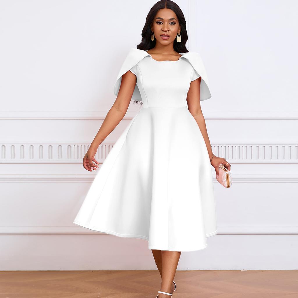 Women's Fashion Summer Spring Solid Color Print Short Sleeve O-Neck High Waist Casual Dresses