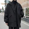 Men Woolen Coat Lapel Long Sleeve Single Breasted Windbreaker Solid Color Loose Fit Mid-length Coat with Pockets Formal Wear