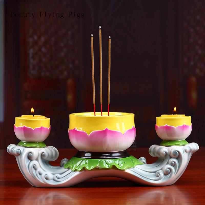 Boutique ceramic lotus incense burner Buddha hall offering incense burner butter incense candlestick set feng shui