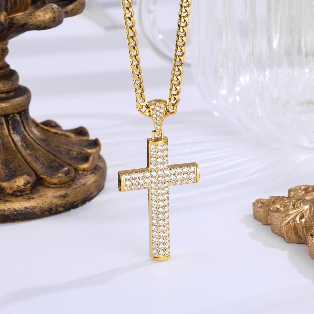 2026 Stone Cross Necklace Fashion Light Luxury Necklace Jewelry Premium Jewelry Full Diamond Men's Necklace