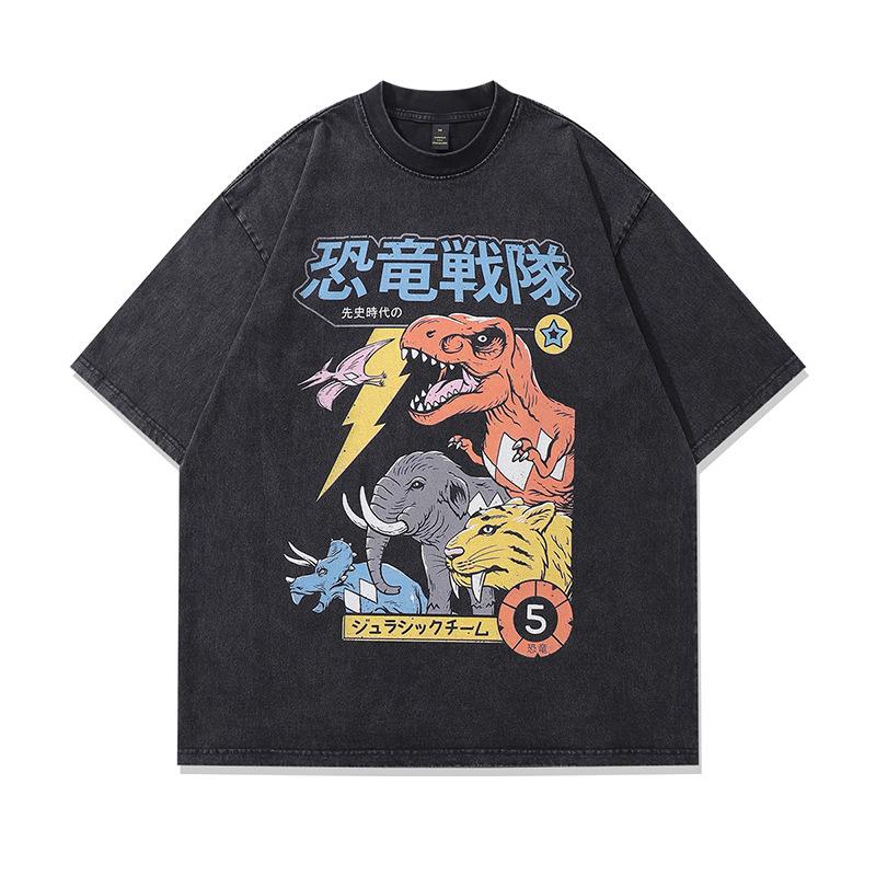 Harajuku Japanese Street Cartoon Print Old Short-Sleeved T-Shirt Men'S Trendy Brand Hip-Hop Loose Washed Five-Quarter Sleeve T-Shirt