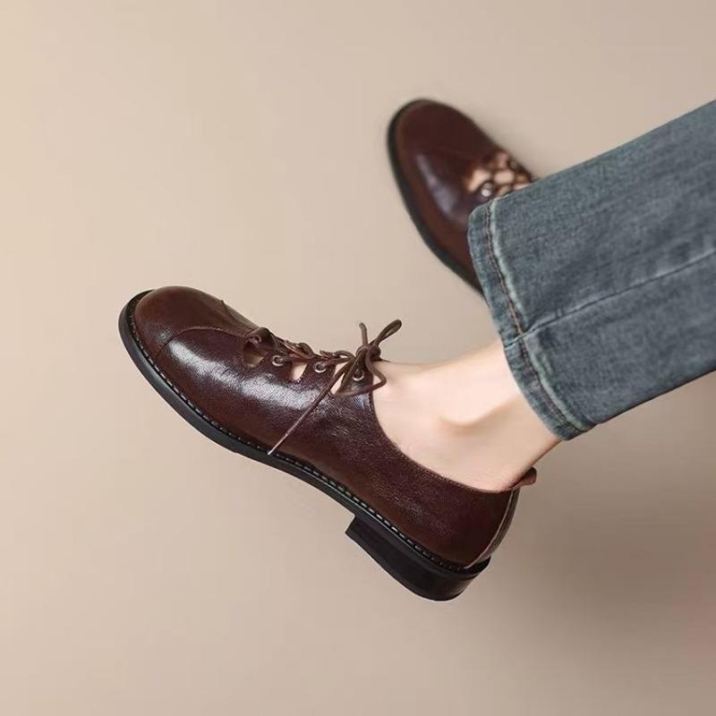 Autumn/Spring Women Loafers Round Toe Low Heel Shoes Genuine Leather Shoes for Women Cross-tied Women Pumps Handmade Shoes