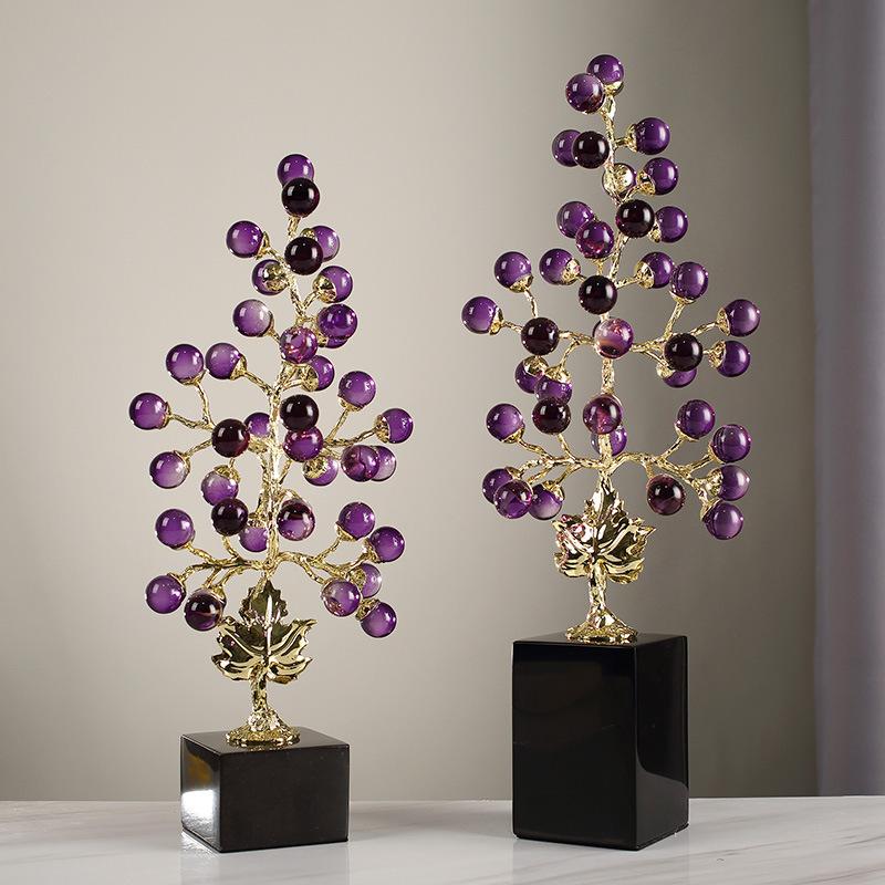 Crystal Sculpture Colored Grape Vine Metal Handicraft Artificial Plant Sculpture Metal Figurine Home Decoration Accessories
