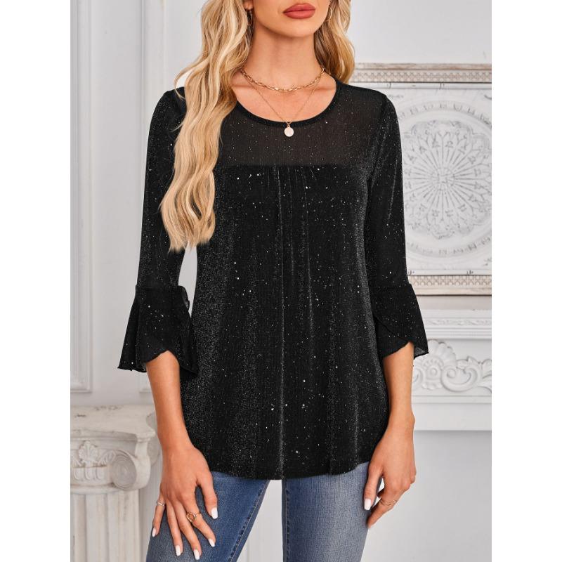 Popular Summer Three-quarter Sleeve Shirt Pleated Bell Sleeves Round Neck Mesh Top