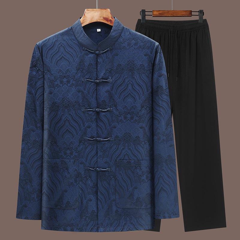 Summer Cross-Border Tang Suit Set: Lightweight Long Sleeve & Pants for Middle-Aged and Elderly Men