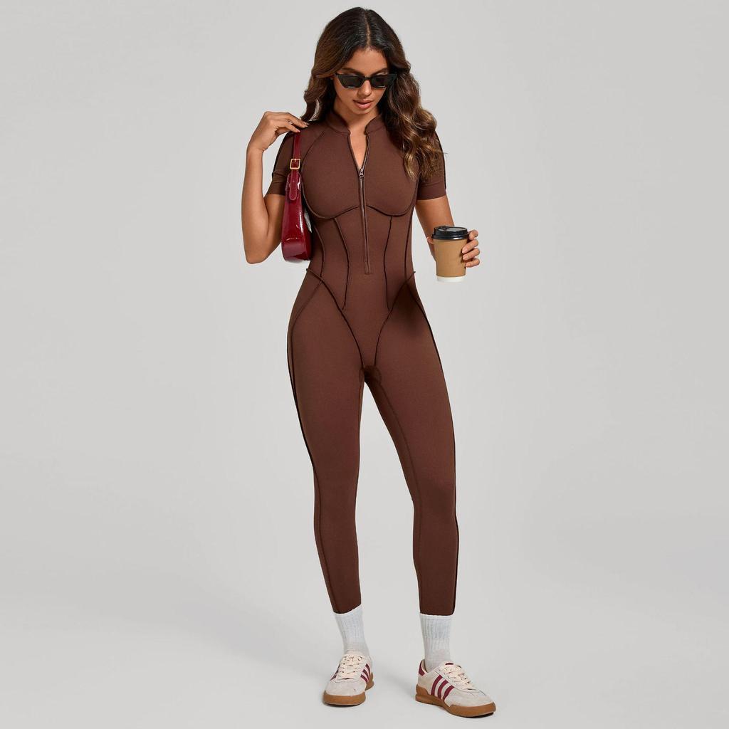 Women's Short-Sleeve Half-Zip Tummy-Control Yoga Jumpsuit