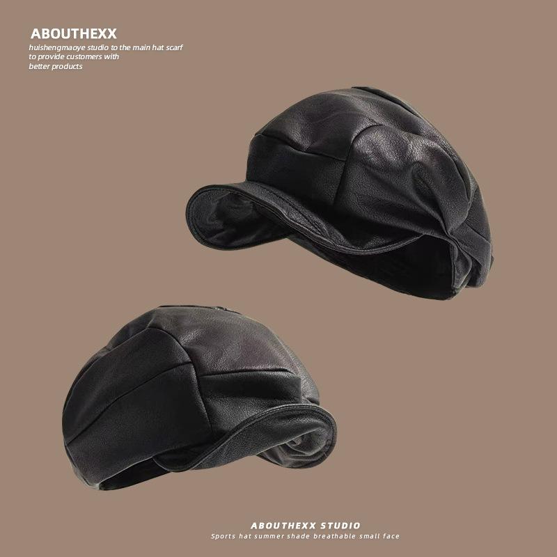 

New Korean Style Retro Pleated PU Hat for Women Fashionable and Versatile Beret with Face Small Duck Tongue Octagonal Hat Trendy M（56-58cm）