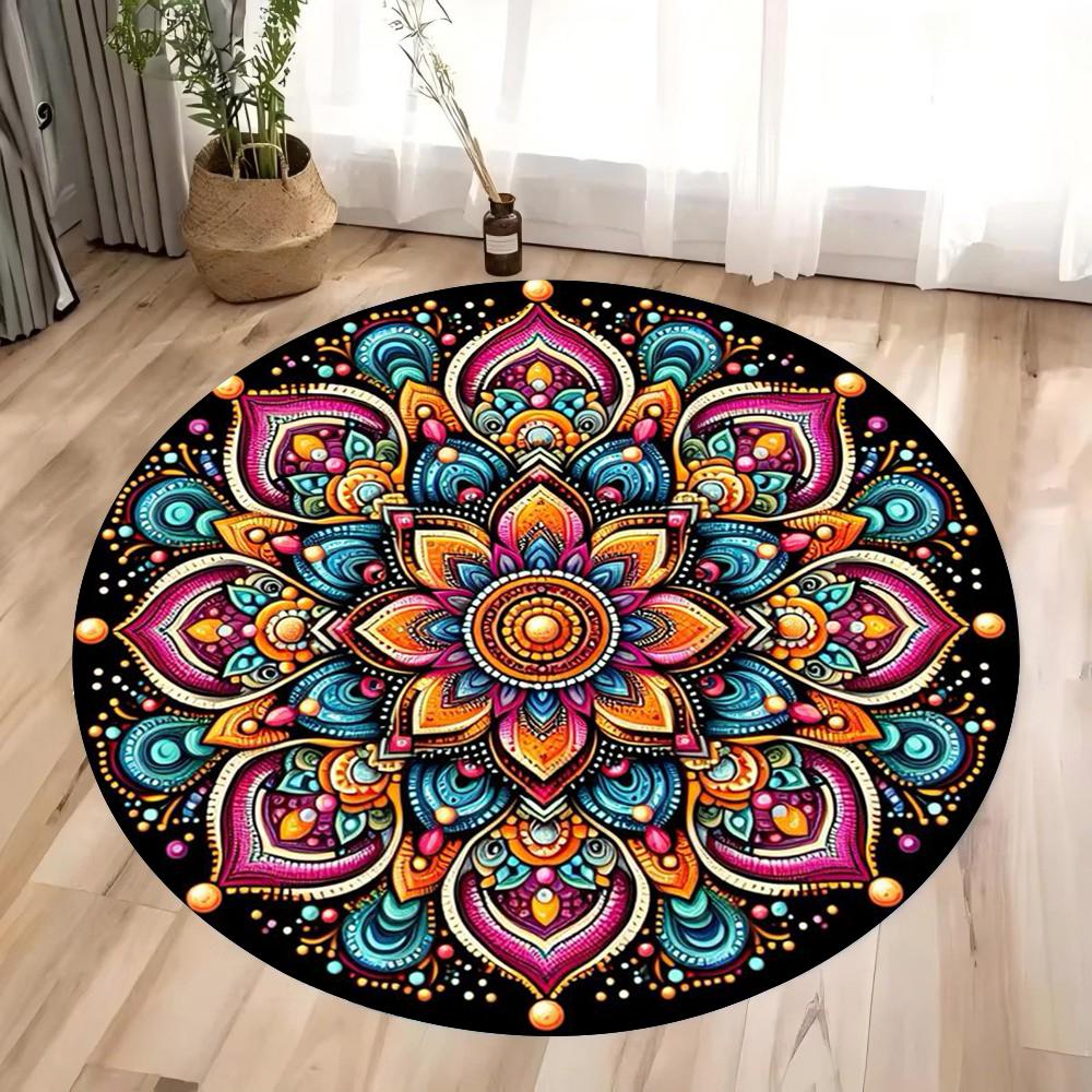 Mandala Round Rug Geometric Floor Carpet Art Deco Circle Mat Traditional Anti Slip Mat Black Area Rugs for Living Room
