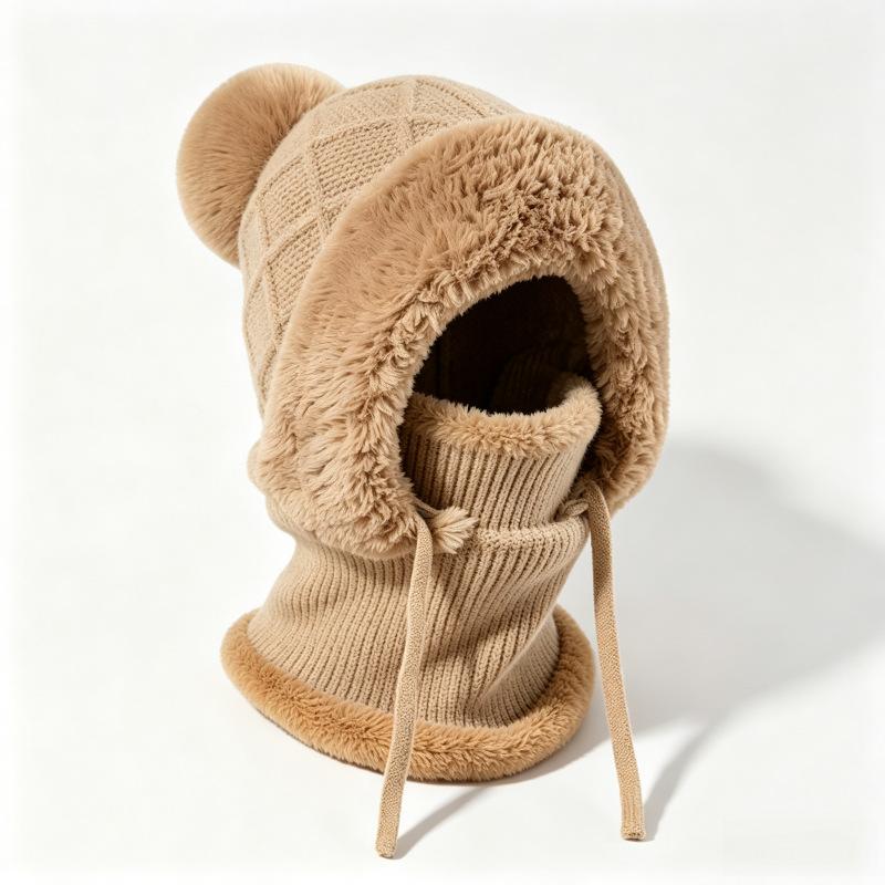 Plush ear protectors knitted hat scarf mask integrated ski warm hat women's winter wool one-piece hat