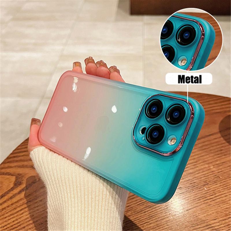 Gradient Rainbow Clear Shockproof Phone Case For Iphone 14 13 12 11pro Max Xs Max Xr Plus Silicone Metal Camera Protector Cover
