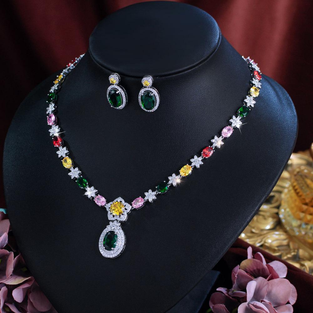 Colorful Zircon Necklace Earrings Set Chain Dinner Dress Bridal Jewelry Set