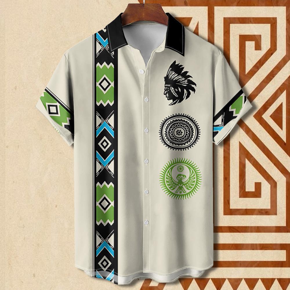 Vintage Ethnic Patterns 3D Print Beach Hawaii Shirts For Men Casual Turndown Collar Short Sleeve Beach Button Shirt Men's Shirts
