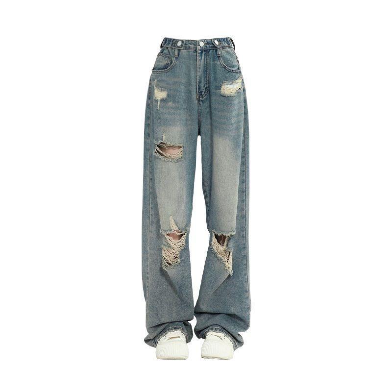 Retro Ripped Jeans Women's High Waist Straight Loose and Skinny Wide Leg Floor Pants