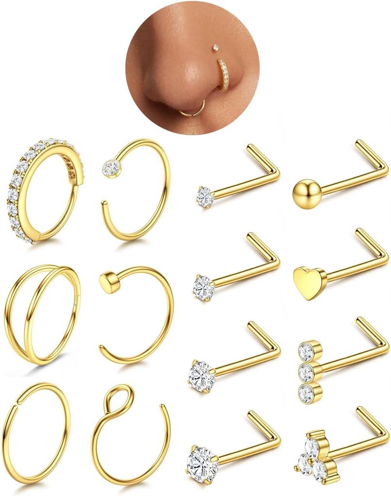 Bobisty 20G Nose Ring Thin Hypoallergenic Surgical Steel L-Shape Nose Stud Set Cubic Zirconia Nose Piercing Jewelry for Women