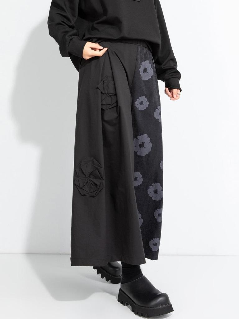 2025 Autumn Asymmetrical Wide-Leg Retro Patchwork Culottes: Women's Casual Dark Style