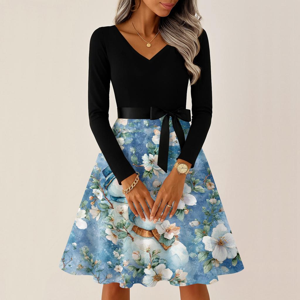 Ladies' Christmas Printed Casual And Fashionable V-neck Long Sleeved Dress