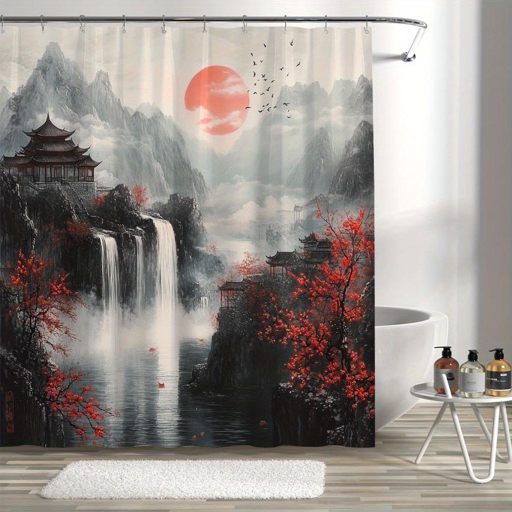 1pc Chinese Style Landscape Shower Curtain, Polyester, Serene Mountain & Waterfall Design, Easy-Care All-Season Bath Decor
