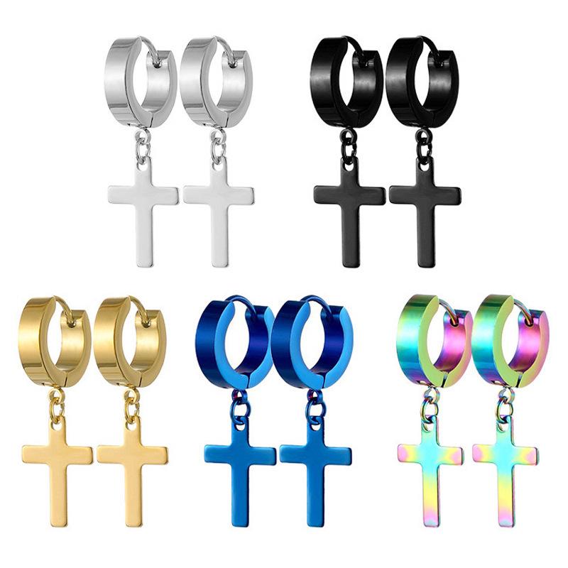 Stainless Steel Cross Pendant Earrings - European & American Fashion, Hip Hop Punk Style, Short Stud Design