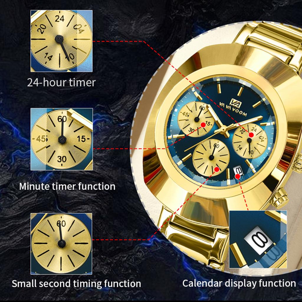 VA VA VOOM Brand Watch Men Sports Leisure Style Stainless Steel Strap Fashionable Oval Dial Multifunctional Running Second Watch