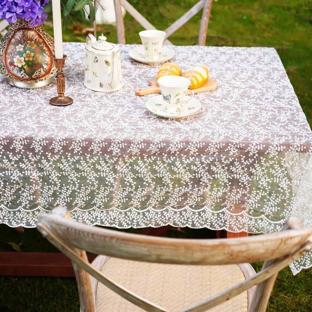 Home Decoration Embroidered French Lace Tablecloth Vintage White Table Linen Organza Table Runner Wedding