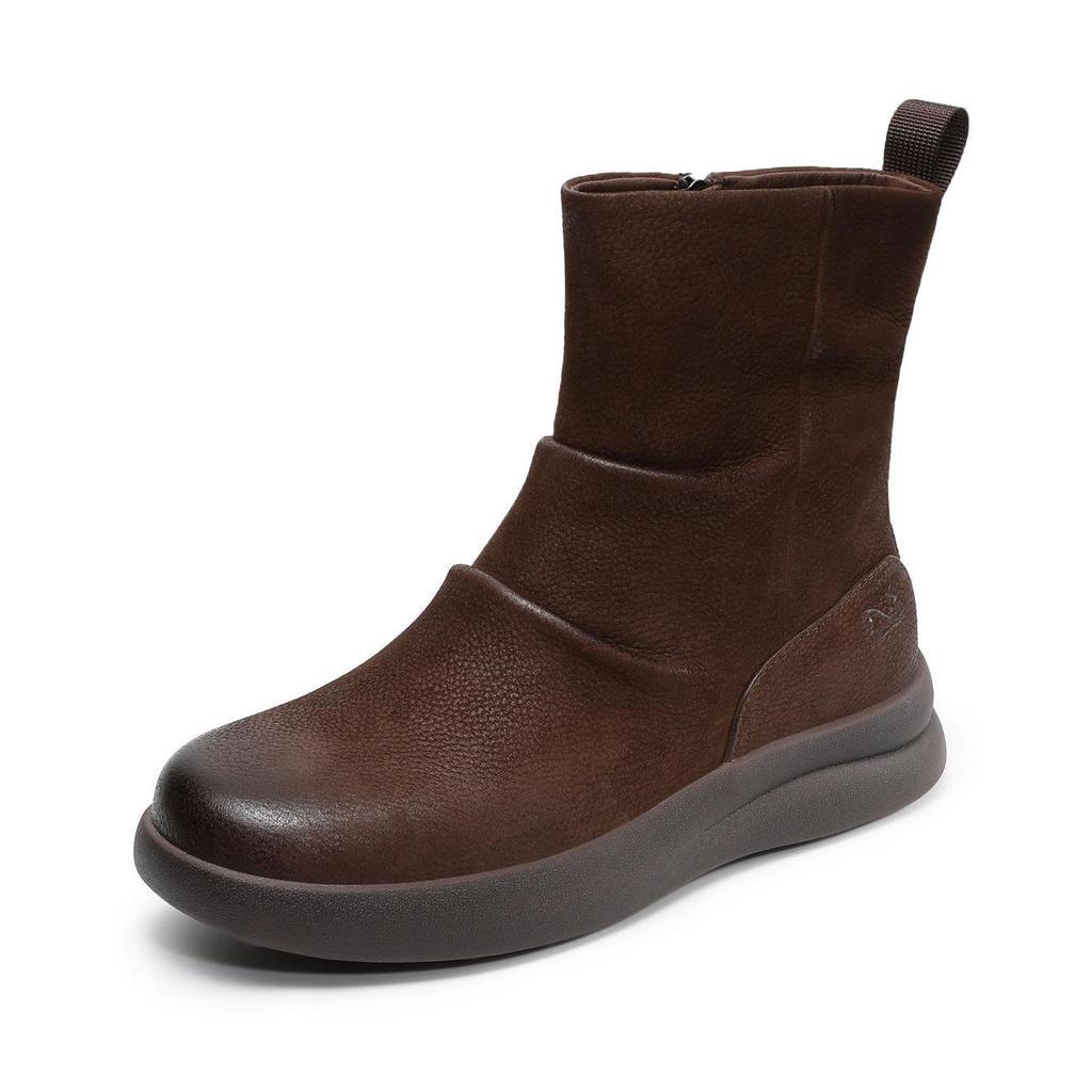 Johnature Genuine Leather Thick Soled Pleated Short Boots Side Zipper Soft Soled Cowhide Women's Boots