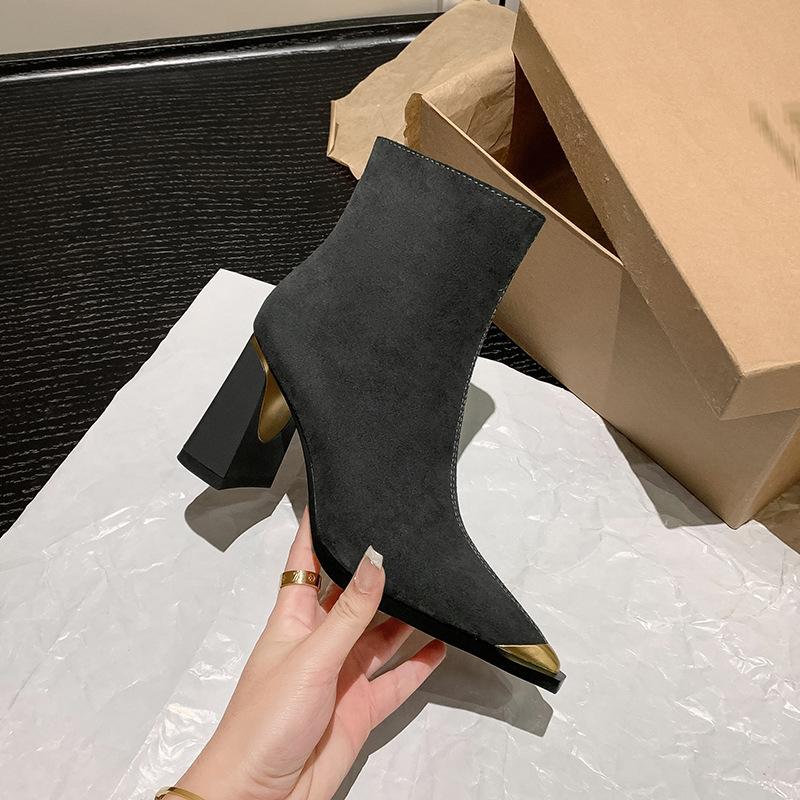 8.5CM Super High Heel Elegant Temperament Small Short Boots Niche Fashion Simple Pointed Thick Heel Side Zipper High Heel Women's Boots