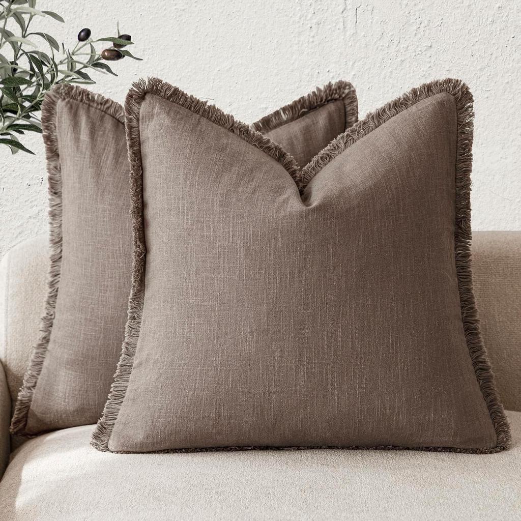 Fundas de Cojín Decorativas de Lino Verde Oliva con Flecos Estilo Boho Granja con Borlas Funda de Cojín para Sofá Sala de Estar 18×18 Pulgadas