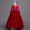 Girls Long Sleeve Mesh Ball Gown Lace Trim Rhinestone Wedding Party Princess Dress Stage Performance Outfit